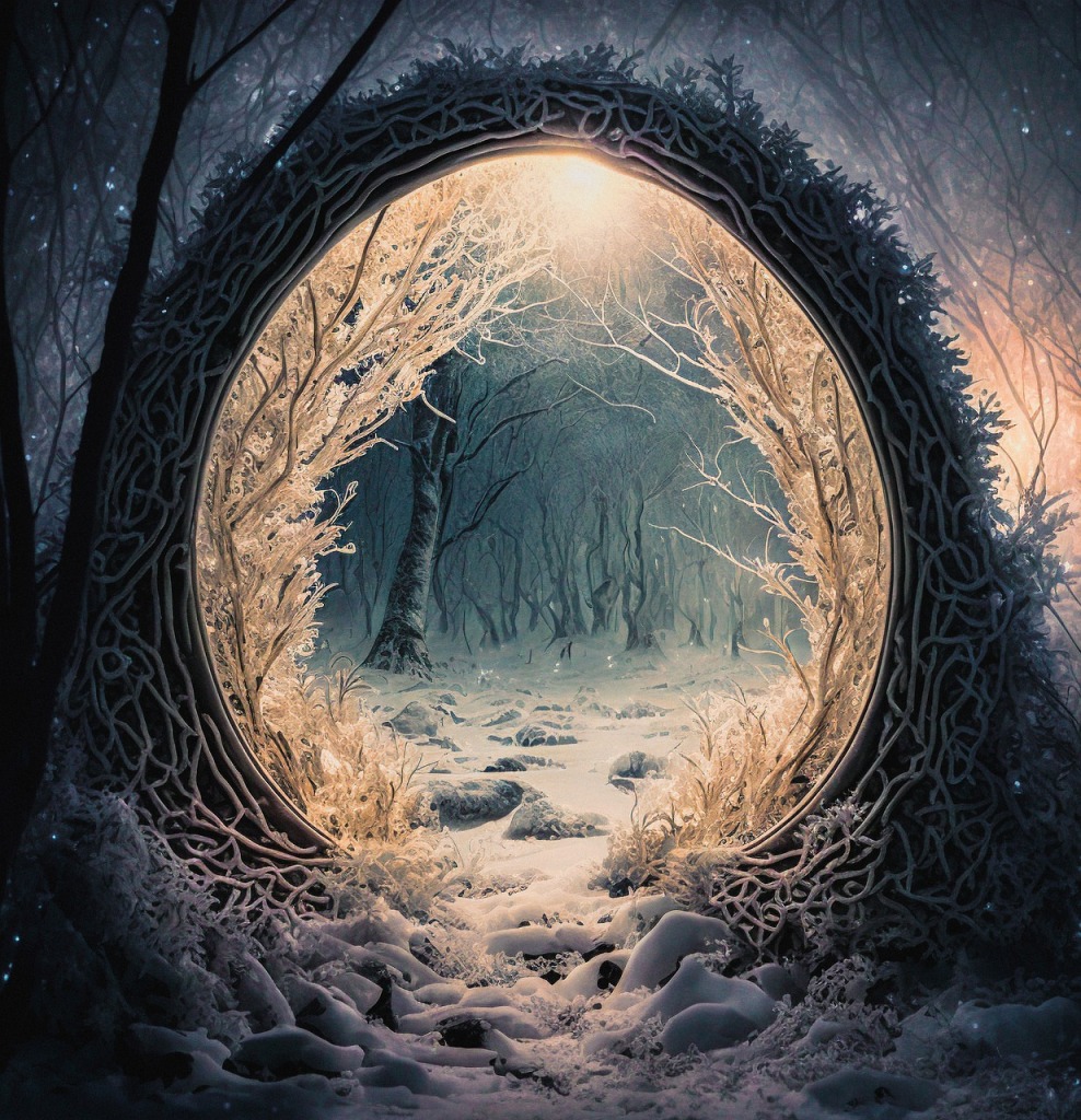 Un portail circulaire dans une forêt enneigée. ©Alan Frijns from Pixabay – AI generated.