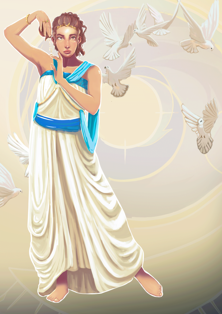 Illustration de Justine Pellet : femme en vêtement antique de style grec debout, et des colombes volant en arrière-plan.